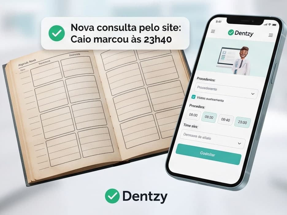 Caderno de agendamento antigo ao lado do celular com o site da clínica recebendo uma consulta marcada às 23h40