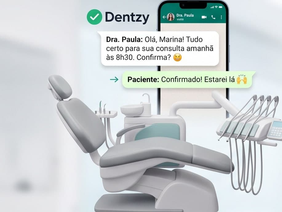 Cadeira odontológica com o celular mostrando a paciente confirmando a consulta no WhatsApp